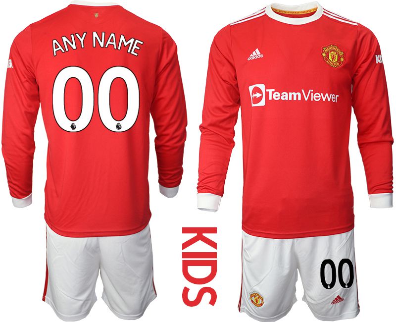 Youth 2021-2022 Club Manchester united home red Long Sleeve customized Soccer Jersey